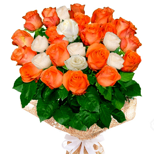 Bunch of 30 white and orange roses