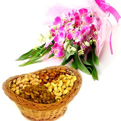 Orchids Bouquet With Assorted Dryfruits Basket
