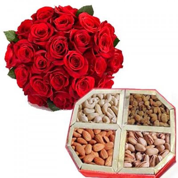 25 Red Roses Bouquet With Assorted Dryfruits Box