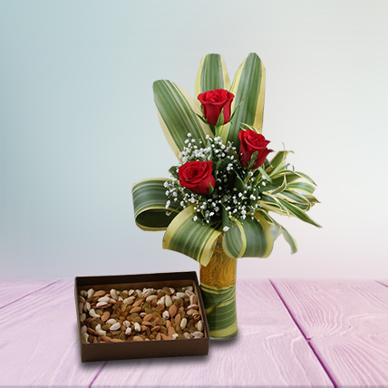 Roses Vase And Dry Fruits Combo