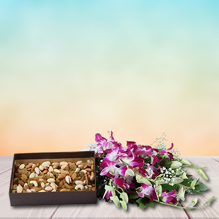 6 Attractive Purple Orchids & Mixed Dryfruits Box