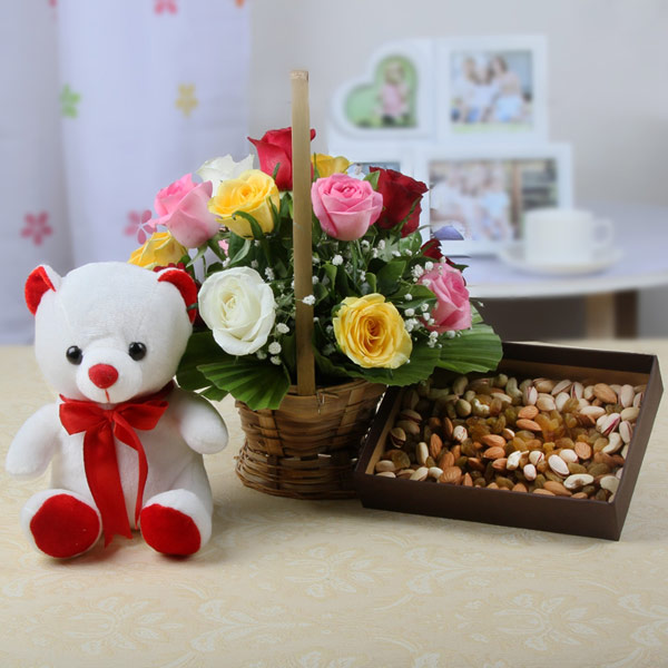 Rose Basket Teddy And Dry Fruits Combo