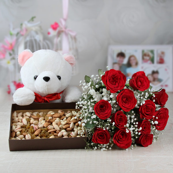 Dry Fruits With Roses And Teddy