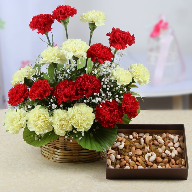 Basket Arrangement Of Carnations With Assorted Dry