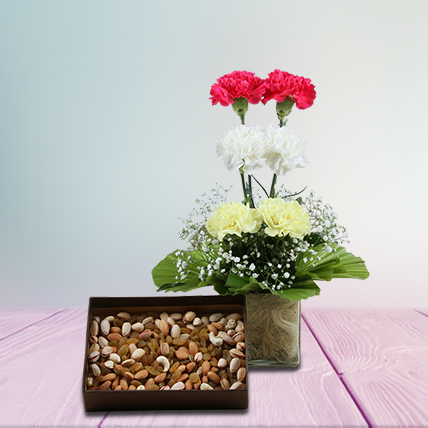 Vase Arrangement Of Carnations With Assorted Dry Fruits
