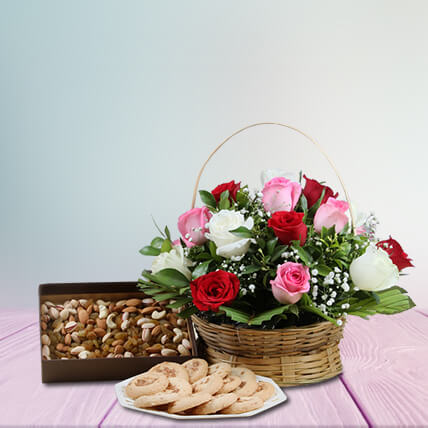 Mix Roses Basket Arrangement With Dryfruits And Co