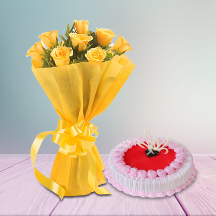 Yellow Flowers & Strawberry  Cake