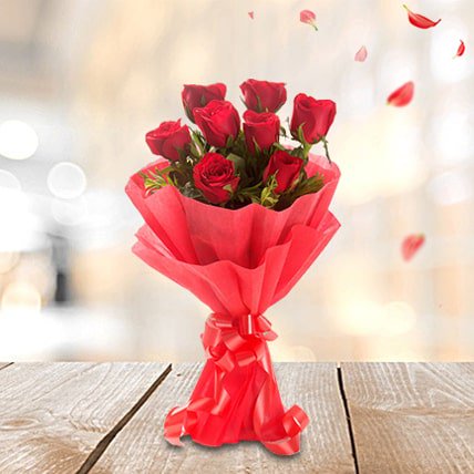 8 Red Roses with Red Paper Packing
