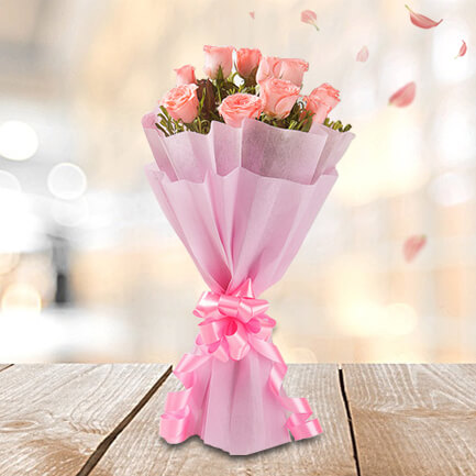 10 Pink Roses with Pink Paper Packing