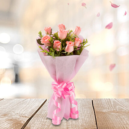 8 Pink Roses with Pink Paper Packing