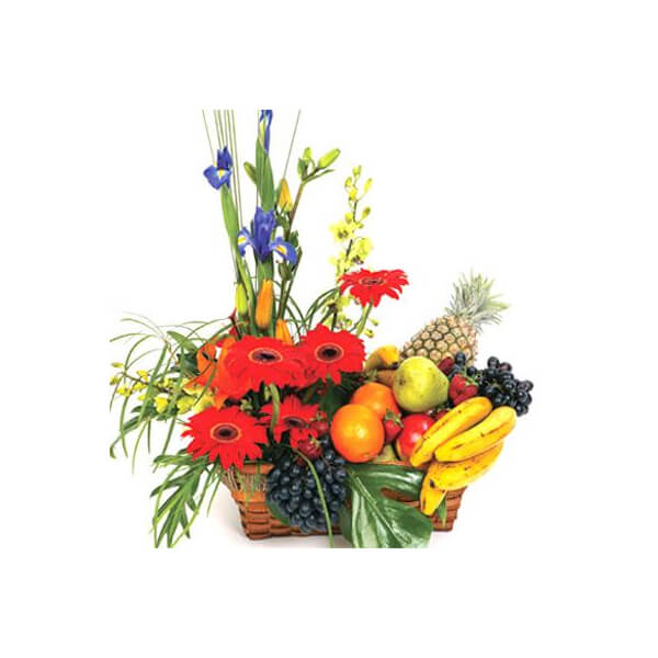 Fresh Fruits & Flowers In A Gift Basket