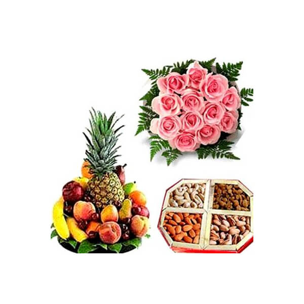 Pink Roses With Dryfruits N Fresh Fruits Basket