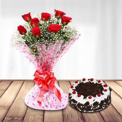 8 red roses and cake