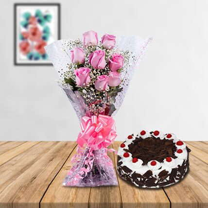 8 pink roses and cake