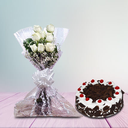 8 white roses and cake for your Valentine