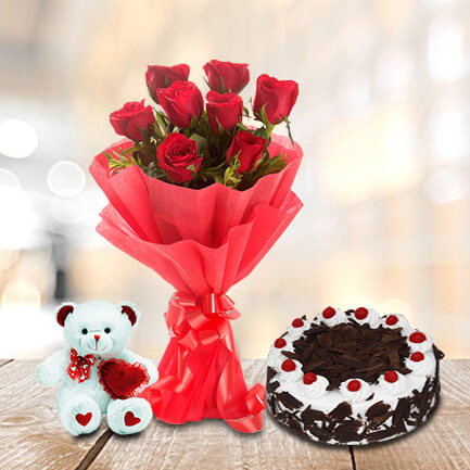 8 red roses with cake and teddy- Valentine