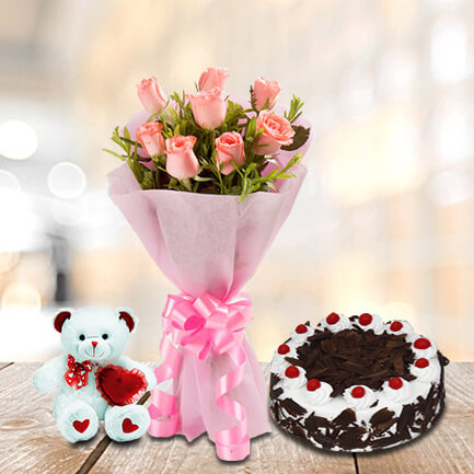 8 pink roses with cake and teddy