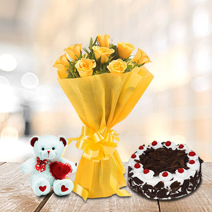 8 yellow roses with cake and teddy