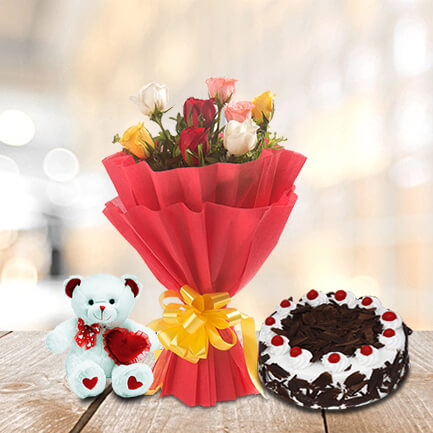 8 mix roses with cake and teddy- Valentine