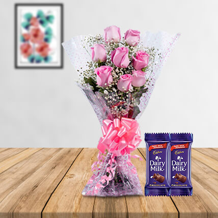 8 Pink Roses with 2 Dairymilk Chocolates- Valentine