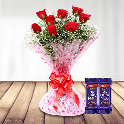 8 Red Roses with 2 Dairymilk Chocolates- Valentine
