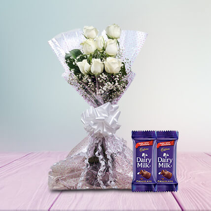 8 White Roses with 2 Dairymilk Chocolates- Valentine