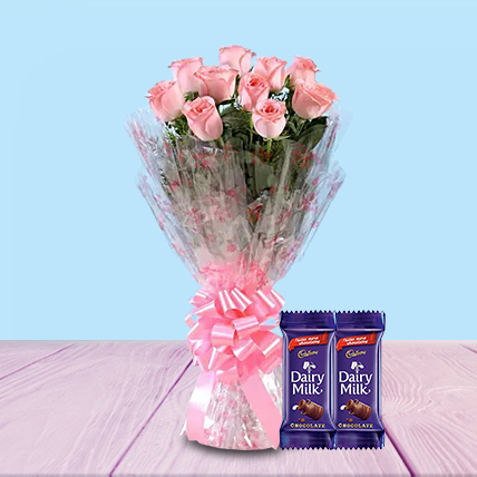 10 Pink Roses with 2 Dairymilk Chocolates- Valentine