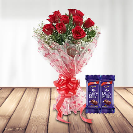 10 Red Roses with 2 Dairymilk Chocolates- Valentine
