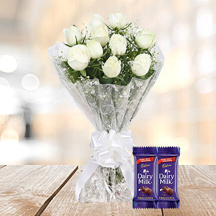 10 White Roses with 2 Dairymilk Chocolates- Valentine
