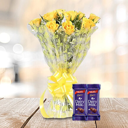 10 Yellow Roses with 2 Dairymilk Chocolates- Valentine