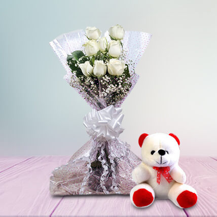 8 white roses with teddy- Valentine
