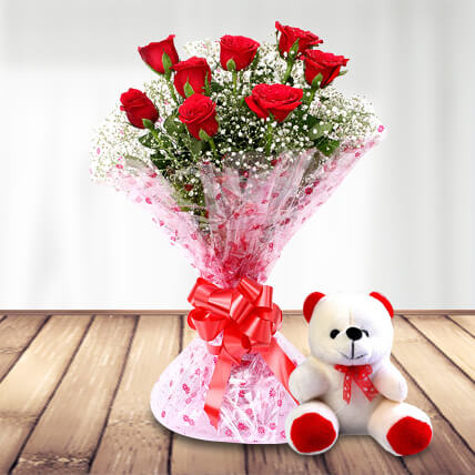 8 Red roses with teddy