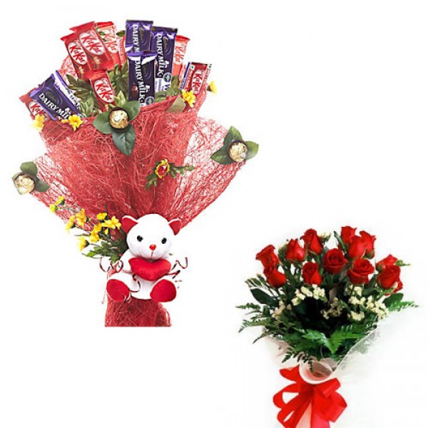 Chocolate Bouquet with Teddy and Red Roses