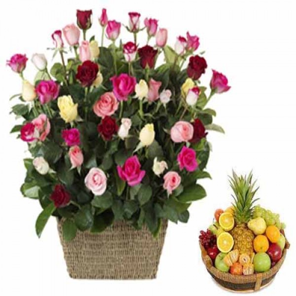Basket of Mix Roses & Fruit Basket